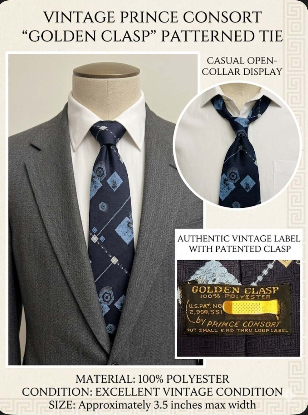 Vintage Prince Consort Golden Clasp Navy Geometric Patterned Tie 3.5"